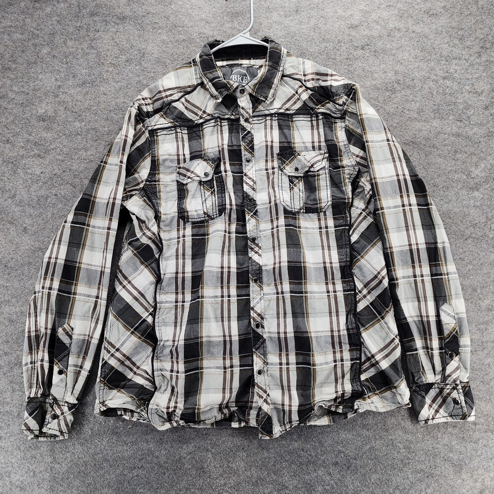Buckle BKE Shirt Mens XL Pearl Snap Athletic Fit Brown Plaid Long Sleeve